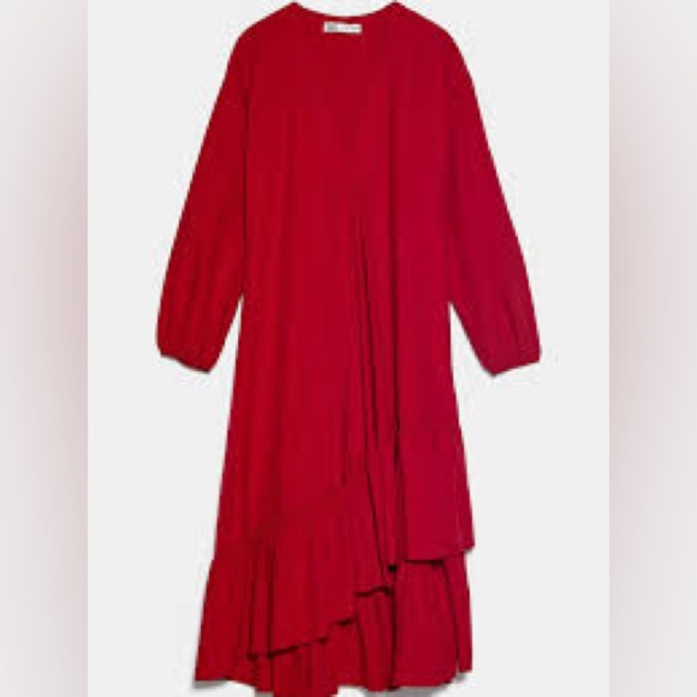 ZARA Red Asymmetrical Ruffle Midi Dress Size M High Low Hem Flowy Statement EUC